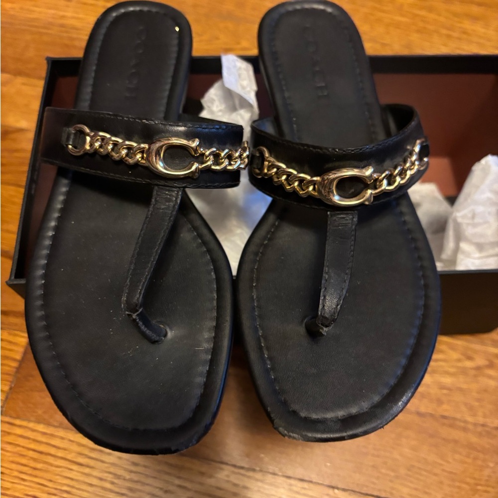 Coach Black and Gold Chain Sandals